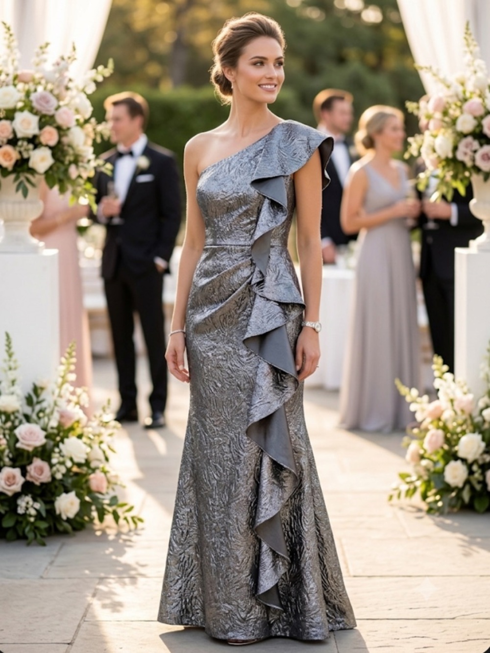 XSCAPE Gunmetal Silver Brocade One Shoulder Cascading Ruffle Dress Size 4 NWT